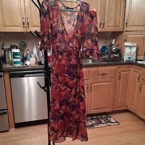 The Kooples Red and Purple Floral Long Sleeve Dress